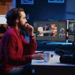 Videographer arriving at work in media agency office, ready to start color correcting raw footage. Video editor editing video renders while drinking , using software to make montage from clips