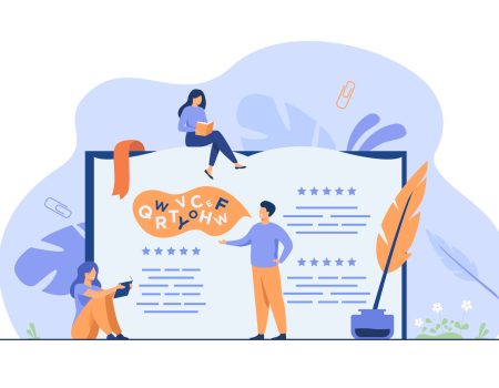 Tiny people reading and writing poetry or poem isolated flat vector illustration. Cartoon characters standing or sitting near open book, ink and feather. Entertainment and literature concept