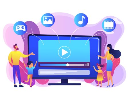 SmartTV content concept vector illustration. Tiny people family with kids watching smart television content. Smart TV content, smart TV interactive show, high resolution content concept. Bright vibrant violet vector isolated illustration