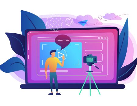 A man in front of camera recording a video to share it in internet. Vloger shares a bradcast in blog or video log. Video bloging, web television or embedded video concept. Violet palette. Vector.