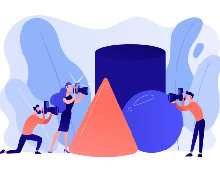 Photography workshop concept vector illustration. Students at workshop practicing taking photos of geometric objects. Photography workshop, post-processing workshop, photo portfolio creation concept. Pinkish coral bluevector isolated illustration