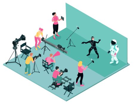 Isometric cinema production composition with isolated view of filming location with chroma key and human characters vector illustration SSUCv3H4sIAAAAAAACA3VRu27DMAz8FUKz0Qe6eesQFC1QIGi7BR0YirGJyGIgyU6DwP9eyulr6UbyjsfT6ey2mIVce3YSwphLwiIaXXvbOPZSNAkG197MjcsFy5g5G9c6wsKdoUv/LbI517lr3RtTHzVod3K2OG5t9CyZOASMrGN2c/ND7RnuU8n/Ed8bhx1HOtW7djhxYFxsbAzaHwun4cvTJJ71UuLopZZuUsJg+F31bO/ToU67hIdeKMnEqfaeM1nhHrMOXJIQkEQeEA5J/Ug1EiAdDpplqY9SepCswVLwMAkfQXewkzBI7CDYzV8a9UlNac8nwOihHwc0sR4TknnPMDFZzPA3/itYWfa4DQyr9euy9sLRs7EiPK0fYKdpsPQaVz5qhq75CvOila89k1apiQ3SvX3nPM+f0gJASuwBAAA=