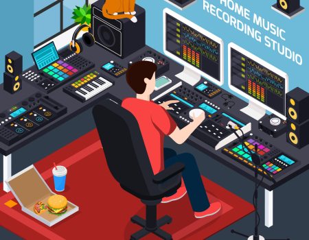 Project Studio Isometric Composition Music recording studio isometric composition with images of pro audio equipment in private environment home interior vector illustration