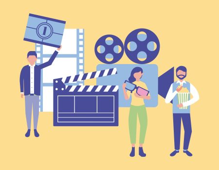 movie people production movie production clapperboard film camera card scene one vector illustration